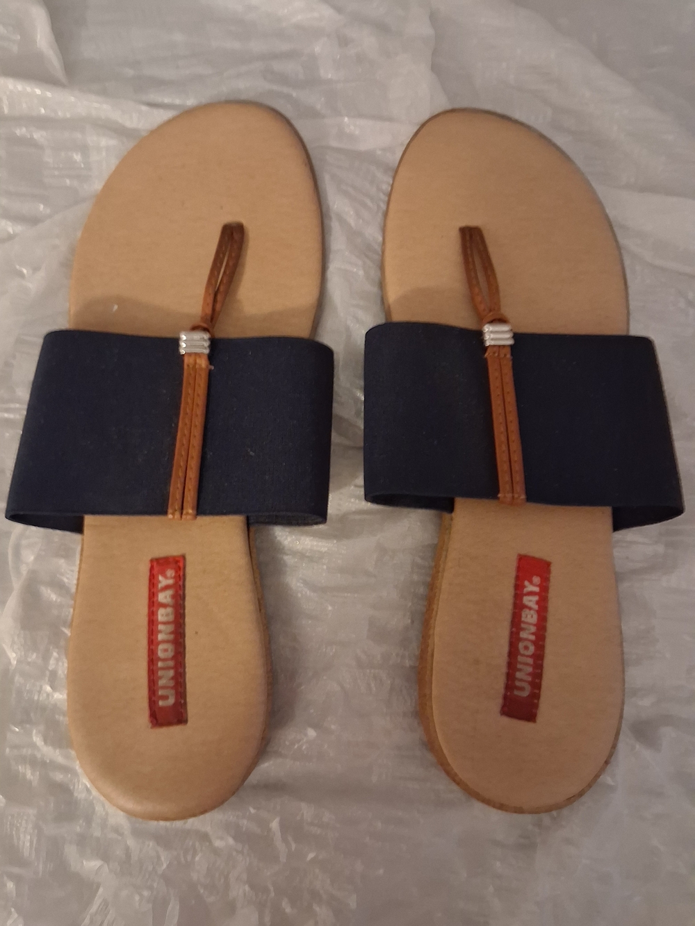 UNIONBAY Navy and Tan Slide Sandals